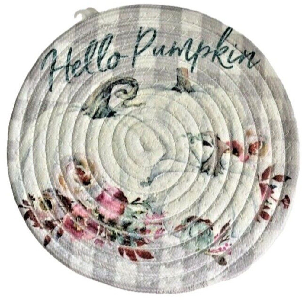 Pumpkins Trivet Hot Pad Braided 9" Round Chenille Buffalo Check Heat Resistant